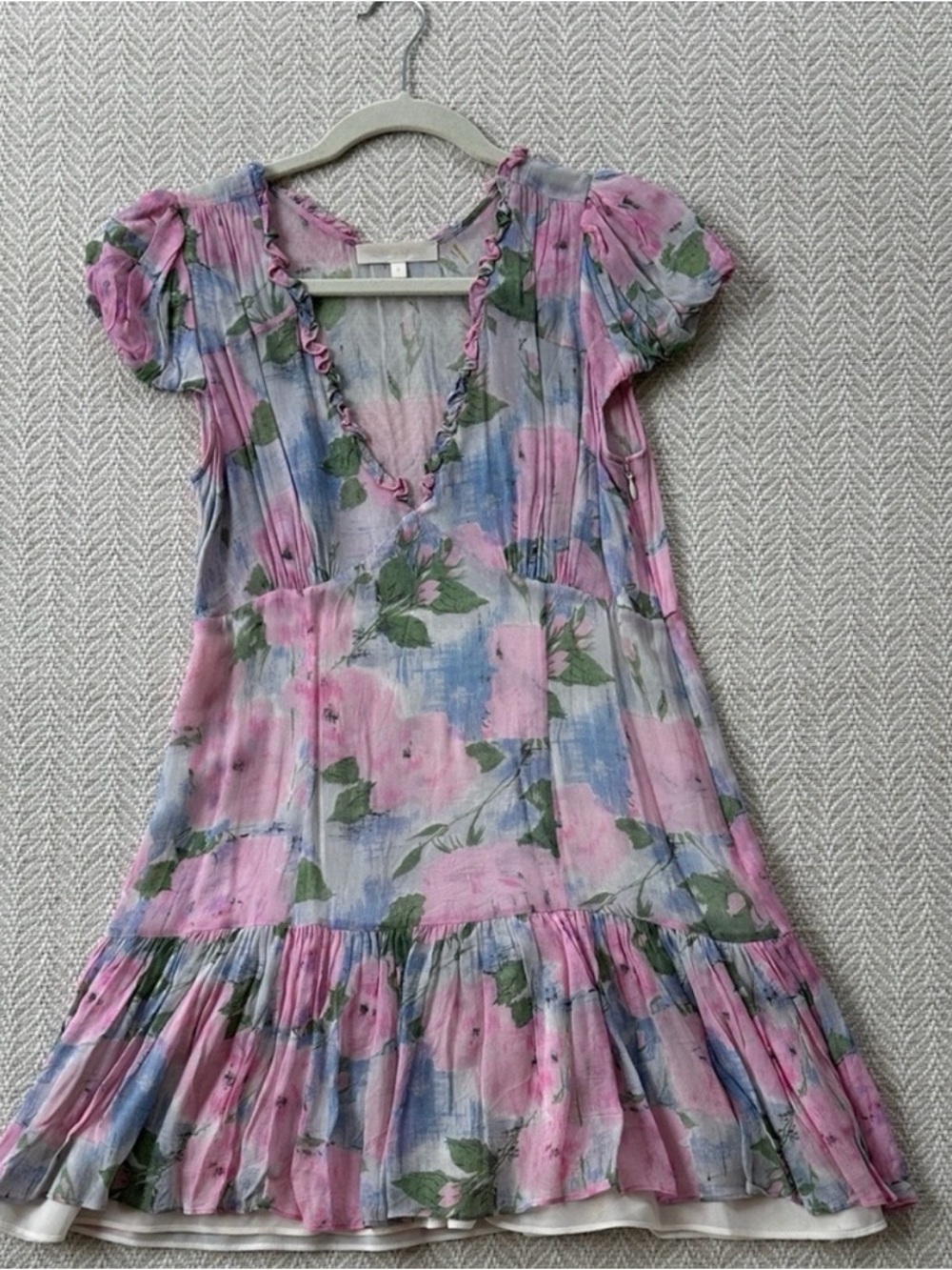 LoveShackFancy Pink Floral Ruffle Mini Dress